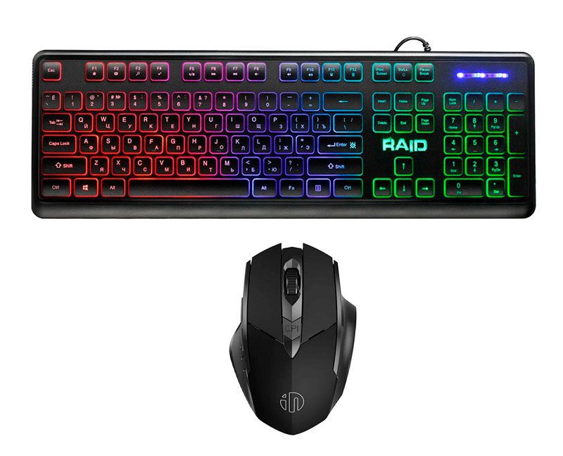 Проводная клавиатура Defender Raid Rainbow с подсветкой и беспроводная мышь INPHIC PM6 на белом фоне