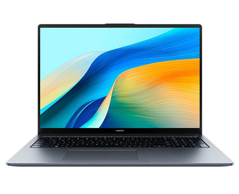 Ноутбук Huawei MateBook D16 со светящимся цветным экраном на белом фоне