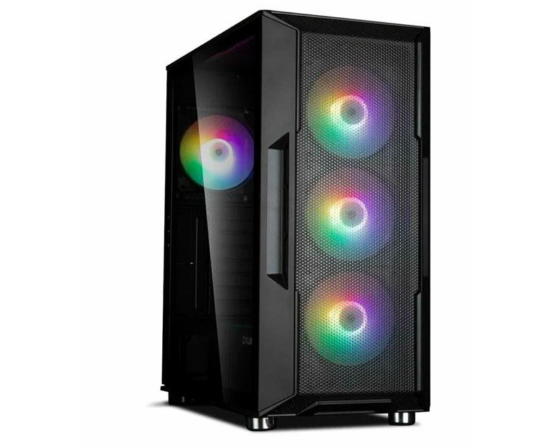 Компьютерный корпус Zalman I3 Neo TG Black со стеклянной боковой панелью и RGB-подсветкой на белом фоне