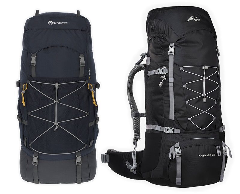 Туристические рюкзаки Outventure Creek 65 литров и Trek Planet Kashmir 75 литров на белом фоне