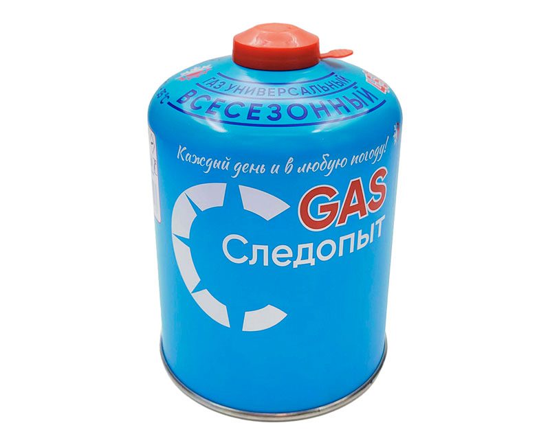 Резьбовой всесезонный газовый баллон Следопыт GAS 450 г голубого цвета с красным защитным колпачком на белом фоне