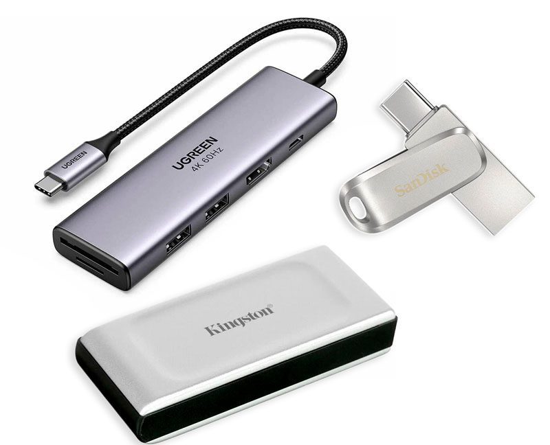 USB-C хаб Ugreen 6-в-1 4K 60Hz, внешний накопитель Kingston и флешка SanDisk на белом фоне