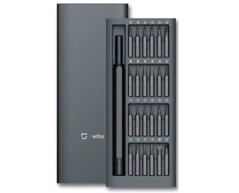 Набор прецизионных магнитных отверток Xiaomi Wiha 24 в 1 в сером пенале на белом фоне