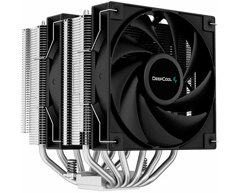 Двухбашенный процессорный кулер Deepcool AG620 с двумя вентиляторами на белом фоне