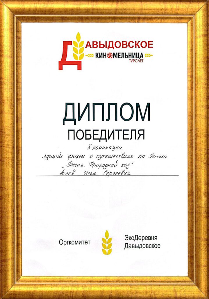 Диплом победителя Ильи Асеева (автора «Шагай-Наблюдай») в номинации за лучший документальный фильм о путешествиях по России на кинофестивале Давыдовское Киномельница